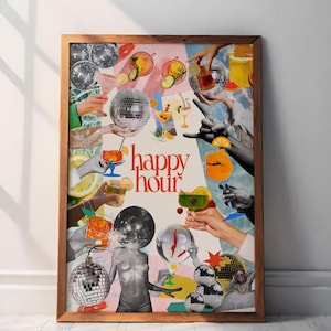 Decorazione murale Happy Hour, stampa digitale di cocktail, arredamento vintage per cucina, poster con palla da discoteca, stampa Cheers, arte per carrello bar, decorazione murale retrò stampabile