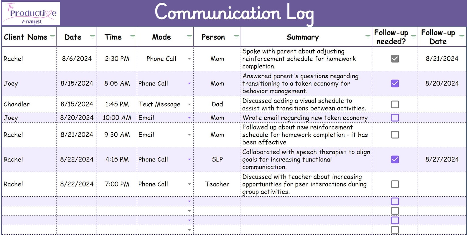 BCBA Communication Log | Client Tracker, Google Sheets (digital ...