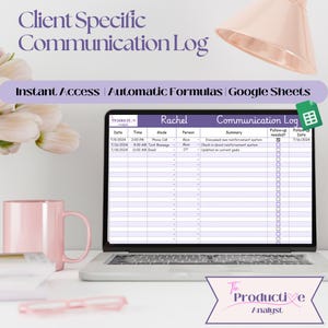 May include: A laptop computer screen displaying a spreadsheet with a communication log template. The spreadsheet is titled "Client Specific Communication Log" and includes columns for date, time, mode, person, summary, follow-up needed, and follow-up date. The spreadsheet is designed for tracking communication with clients.