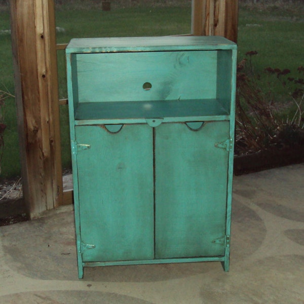 PRIMITIVE TURQUOISE TV CABINET SHABBY CHIC ENTERTAINMENT CENTER NIGHT STAND WOOD WOODEN