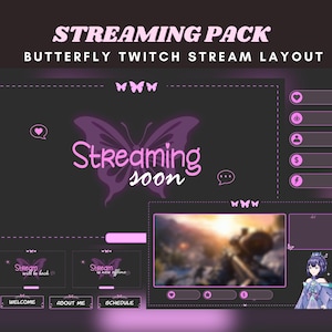 Butterfly twitch stream layout twitch stream aesthetic pink twitch animated stream overlay pink purple twitch butterfly stream twitch pack
