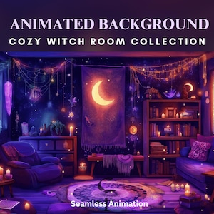Cozy purple twitch animated background purple vtuber stream witch room aesthetic animated stream overlay magical purple room twitch asset