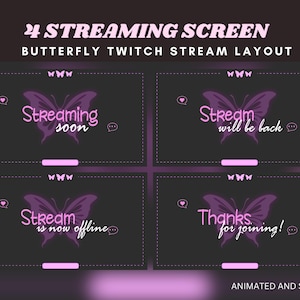 Animated butterfly twitch stream overlay be right back streaming soon screen butterfly aesthetic pink twitch animated pink purple twitch