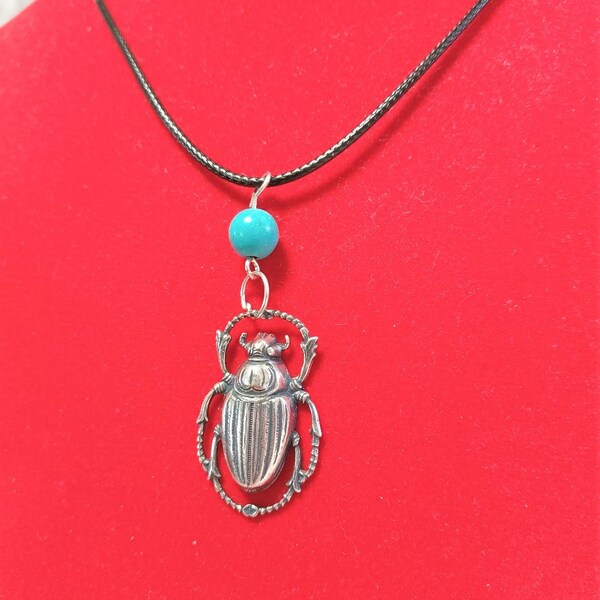 EGYPTIAN SCARAB Pendant NECKLACE with Turquoise on a Leather cord, Good Luck symbol