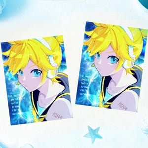 May include: Two rectangular prints featuring a stylized anime character with bright yellow hair, blue eyes, and white headphones. The character wears a dark blue and yellow outfit. The text reads, I will protect you from this world, with H1N4 printed below.