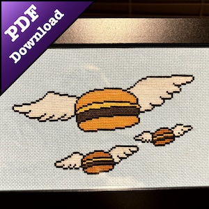 Bob's Burgers Flying Burgers Cross Stitch Pattern PDF - Cartoon, fan art, louise, tina, linda, gene, bob, burgers with wings, masterpiece