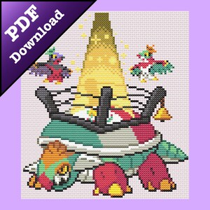 May include: Cross-stitch pattern featuring a green, red, and yellow turtle with a bell on its shell. Two small birds are perched on the shell, and a yellow star-shaped object is above the turtle.