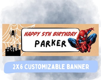 Spider-Man-födelsedagsbanderoll, anpassningsbar Canva-mall (digital nedladdning), 2x6 Spider-Man-banderoll