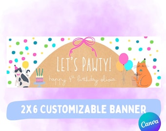 Födelsedagsbanner med texten "Let's Pawty" - redigerbar Canva-banner - digital bannermall - barnkattfödelsedagsbanner 2x6