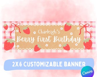 Berry första födelsedagsbanner - redigerbar Canva-banner - digital bannermall - barns första födelsedag 2x6-banner