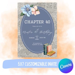 May include: A 5x7 invitation card featuring a newspaper print background with a blue oval center. Text reads CHAPTER 40, Please Join Us for Kristi's 40th Birthday, Sunday Oct 15 2026 12:00 PM, 123 Anywhere St. Blue and pink flowers and three books are visible.
