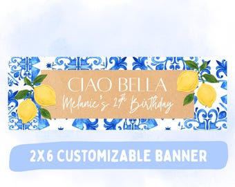 Ciao Bella födelsedagsbanderoll, redigerbar Canva-banderoll, digital bannermall, Ciao Bella 2x6-banderoll