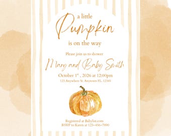 En liten pumpa är på väg babyshower - höst babyshowerinbjudan - anpassad babyshowerinbjudan - digitalt redigerbar Canva-länk