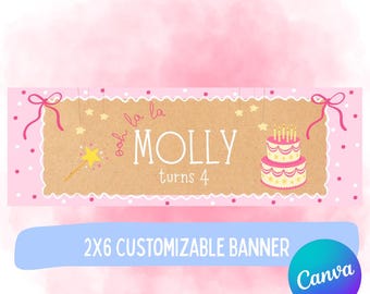 Ooh La La födelsedagsbanderoll, redigerbar Canva-banderoll, digital bannermall, rosa prinsessfödelsedagsbanderoll 2x6