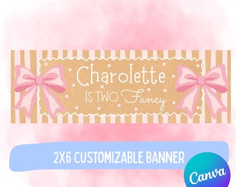 Två snygga födelsedagsbanners - Redigerbar Canva-banner - Digital bannermall - Flickors 2-årsdag 2x6-banner