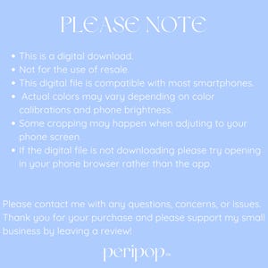 Puede incluir: Fondo azul claro con texto blanco. El texto en la parte superior dice "POR FAVOR, TENGA EN CUENTA". El texto a continuaci&oacute;n proporciona informaci&oacute;n sobre una descarga digital, incluida la compatibilidad y las variaciones de color. El logotipo de peripop est&aacute; en la parte inferior.