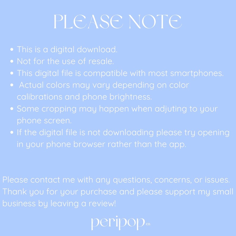 Puede incluir: Fondo azul claro con texto blanco. El texto en la parte superior dice "POR FAVOR, TENGA EN CUENTA". El texto a continuaci&oacute;n proporciona informaci&oacute;n sobre una descarga digital, incluida la compatibilidad y las variaciones de color. El logotipo de peripop est&aacute; en la parte inferior.