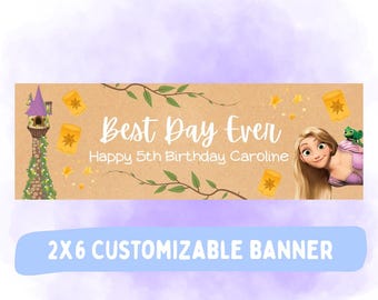 Redigerbar Trassel födelsedagsbanderoll, Rapunzel bästa dag någonsin festbanderollmall, prinsessfödelsedagsbakgrund, utskrivbar 2x6 Canvas-mall