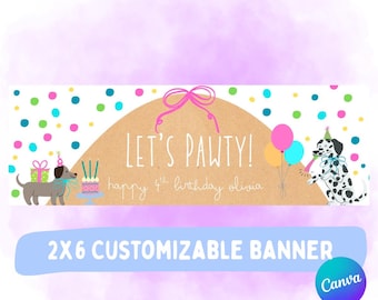 Födelsedagsbanner med texten "Let's Pawty" - redigerbar Canva-banner - digital bannermall - 2x6-banner för barnhundar