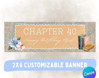 Kapitelbok födelsedagsbanner, redigerbar Canva-banner, digital bannermall, 2x6 födelsedagsbanner, kapitel 40-födelsedag
