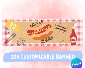 Weenie Bit Older födelsedagsbanderoll, redigerbar Canva-banderoll, digital bannermall, varmkorv 2x6 födelsedagsfestbanderoll