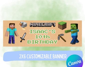 Minecraft-födelsedagsbanner, redigerbar Canva-banner, digital bannermall, barnfödelsedagsbanner 2x6