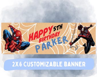 Spider-Man-födelsedagsbanderoll, anpassningsbar Canva-mall (digital nedladdning), 2x6 Spider-Man-banderoll