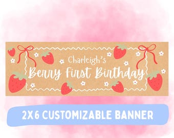 Berry första födelsedagsbanner - redigerbar Canva-banner - digital bannermall - barns första födelsedag 2x6-banner