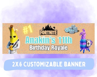 Fort Nite födelsedagsbanner, redigerbar Canva-banner, digital bannermall, födelsedags-Royal 2x6-banner
