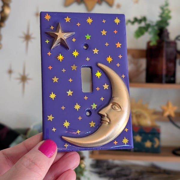 Purple Celestial Light Switch Cover, Crescent Moon, Stars, Vintage 90s Inspired Decor, Whimsical, Whimsigoth, Bedroom Decoration