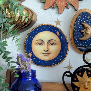 Man in the Moon Wall Hanging, Vintage 90s Celestial Inspired Decor, Gallery Wall, Whimsigoth, Whimsical, Decoration, Navy, Gold, Moon Art