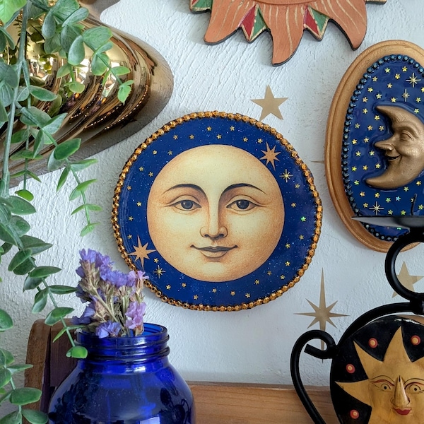 Man in the Moon Wall Hanging, Vintage 90s Celestial Inspired Decor, Gallery Wall, Whimsigoth, Whimsical, Decoration, Navy, Gold, Moon Art