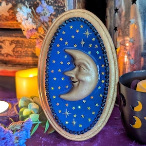 Handmade 90s Celestial Style Moon Wall Hanging, Vintage 1990s Inspired, Gold, Navy, Stars, Whimsigoth, Home Decor, Gallery Wall