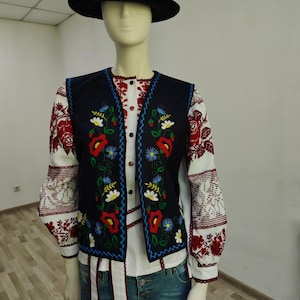 Traditional Ukrainian Embroidered Vest – Handmade Black Wool Waistcoat with Bright Floral Pattern