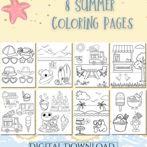 May include: A collection of 8 summer colouring pages featuring black and white line art illustrations of beach scenes, ice cream trucks, lemonade stands, sandcastles, animals, and summer accessories. The text 8 SUMMER COLOURING PAGES is visible.