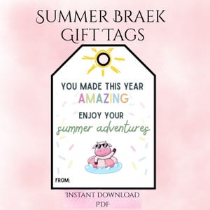 Könnte beinhalten: Ein Geschenkanhänger mit schwarzem Rand und rosa-weißem Hintergrund. Der Anhänger trägt oben den Text "SUMMER BRAEK GIFT TAGS". Der Anhänger sagt "YOU MADE THIS YEAR AMAZING, ENJOY YOUR summer adventures". Eine Cartoon-Kuh mit Sonnenbrille ist in der Mitte.