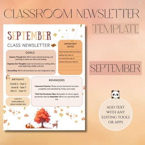 May include: A digital classroom newsletter template featuring a September theme with autumn leaves, a tree, and woodland animals. The layout includes sections for goals, important dates, birthdays, reminders, and contact information with editable text.