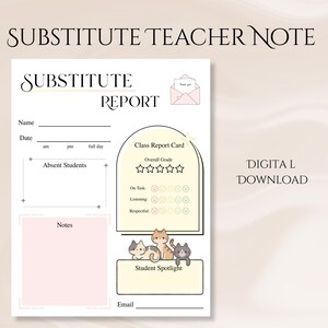 Könnte beinhalten: Ein druckbares Formular für einen Vertretungsunterricht mit hellrosa Hintergrund. Das Formular enthält Abschnitte für den Namen des Lehrers, das Datum, fehlende Schüler, Notizen, eine Klassenberichtkarte und die Schüler-Hervorhebung. Die Klassenberichtkarte enthält einen Abschnitt für die Gesamtnote, die Aufgabe, das Zuhören und das Respektvolle. Das Formular enthält auch eine Dankesnotiz und eine niedliche Illustration von Katzen.