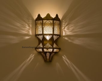 Moroccan Brass Wall Sconce, Handmade Antique Gold Filigree Wall Light Fixture, Boho Living Room Lamp