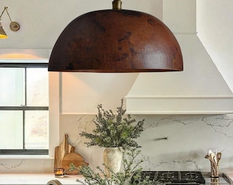Rustic Copper Dome Pendant Light for Kitchen Island - Ceiling Fixture Hanging Lamp, Handmade Hammered Lighting for Dining Room or Bar