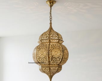 Handgemaakte Marokkaanse messing hanglamp, grote kroonluchter