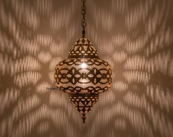 Grote Marokkaanse koperen kroonluchter, handgemaakte hanglamp, plafondlampenkappen