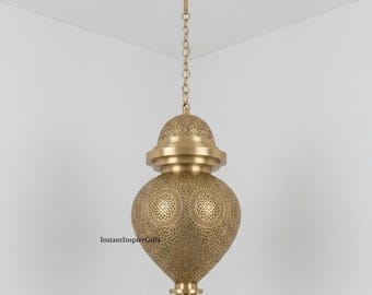 Moroccan Brass Pendant Lamp : Handmade Gold Ceiling Light, Boho Dining Room Chandelier.