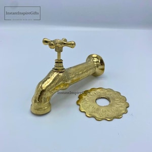 Handmade Unlacquered Brass Faucet – Vintage Wall Mounted Water Spigot – Solid Brass Bathroom Sink Tap with Antique Finish