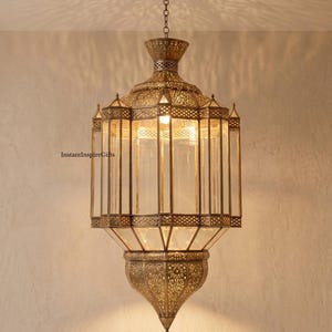Moroccan Brass Pendant Light, Handmade Glass Lantern Ceiling Light Fixture, Dining Room Chandelier Pendants
