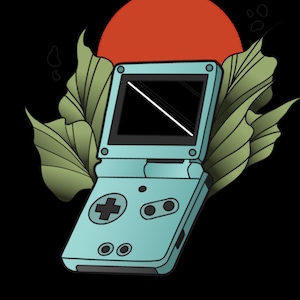 Puede incluir: Ilustración de una consola de juegos portátil turquesa con pantalla negra y línea diagonal blanca. La consola tiene un mando direccional y botones. Hojas verdes y un sol rojo detrás, sobre un fondo negro.