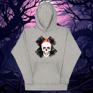 Hot Head Skull Graphic Hoodie, fire skull graphic, casual flaming skull hoodie, cartoon aesthetic