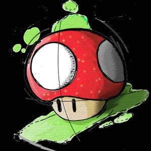 May include: A stylized illustration of a red mushroom with white and gray spots, set against a black background with green paint splatters. The mushroom has a white and gray eye and a beige stem. The artwork has a sketched appearance.