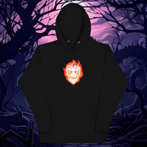 Flaming Skull Graphic Hoodie, fiery skull graphic, casual flaming skull hoodie, colorful cartoon aesthetic