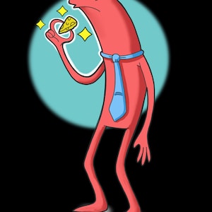 Puede incluir: Ilustración de dibujos animados de una figura humanoide roja con una corbata azul, sosteniendo un trozo de queso brillante. La figura tiene una expresión seria, sobre un círculo turquesa sobre fondo negro.